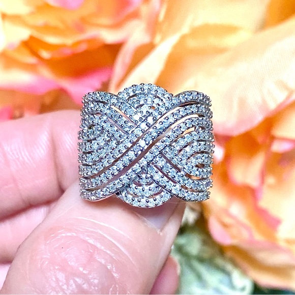 Genuine 1 Carat Diamond Cocktail Ring ~ Baguette Diamond Cluster Swirl Band - Picture 2 of 15